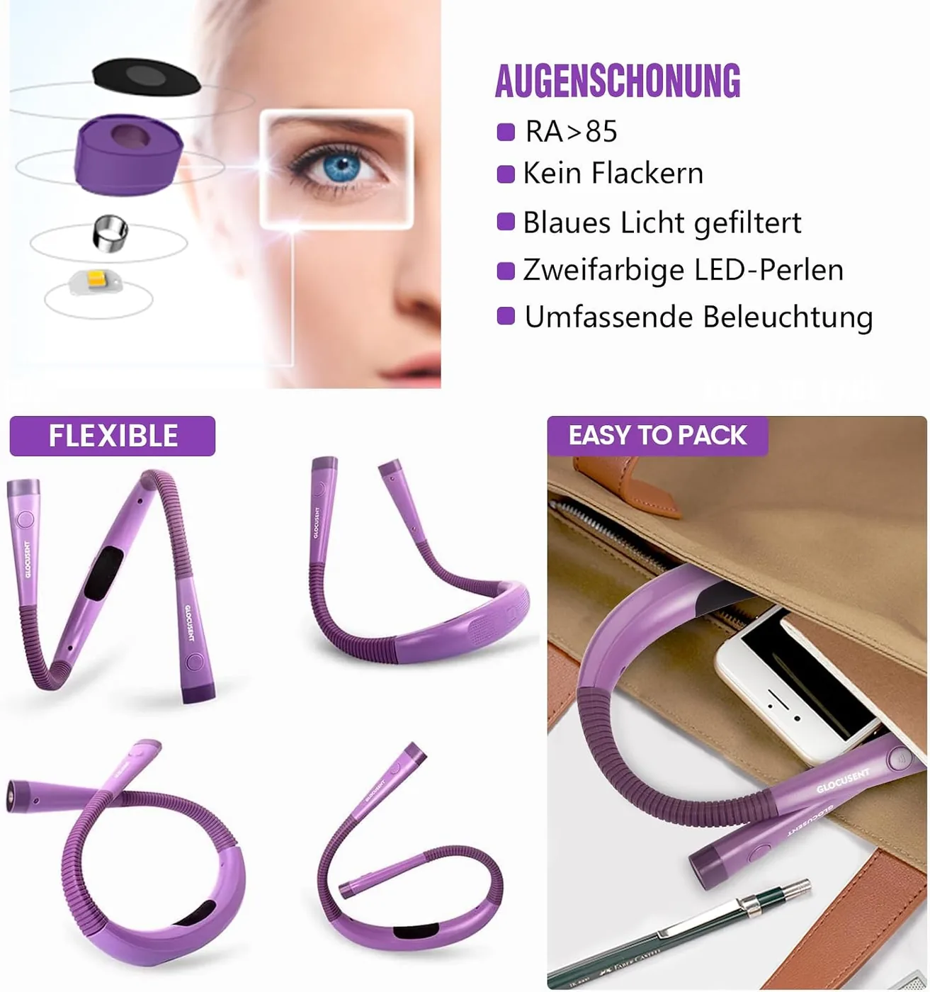 Leselampe Hals – Leselampe Buch mit 3 Farben & 6 Helligkeitsstufen Ansicht