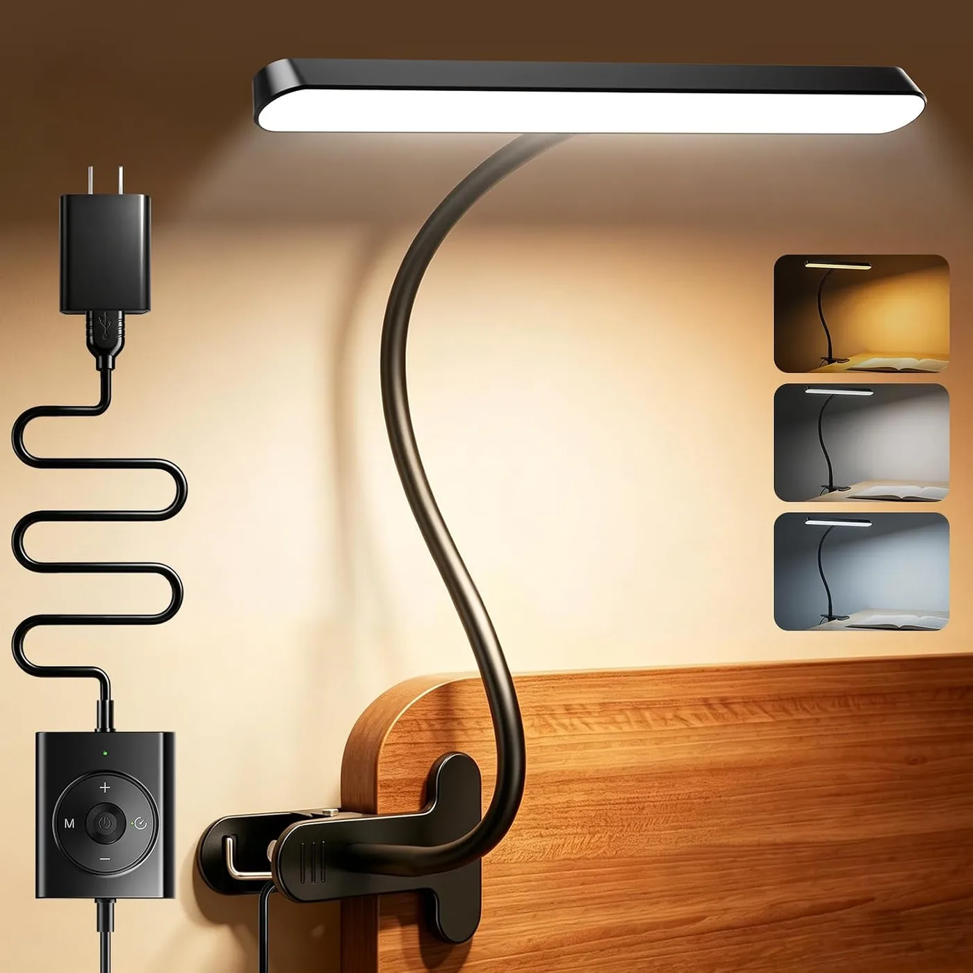 7W Horizontal Leselampe Bett – 57 LED Klemmlampe mit 3 Farben & 5 Helligkeiten