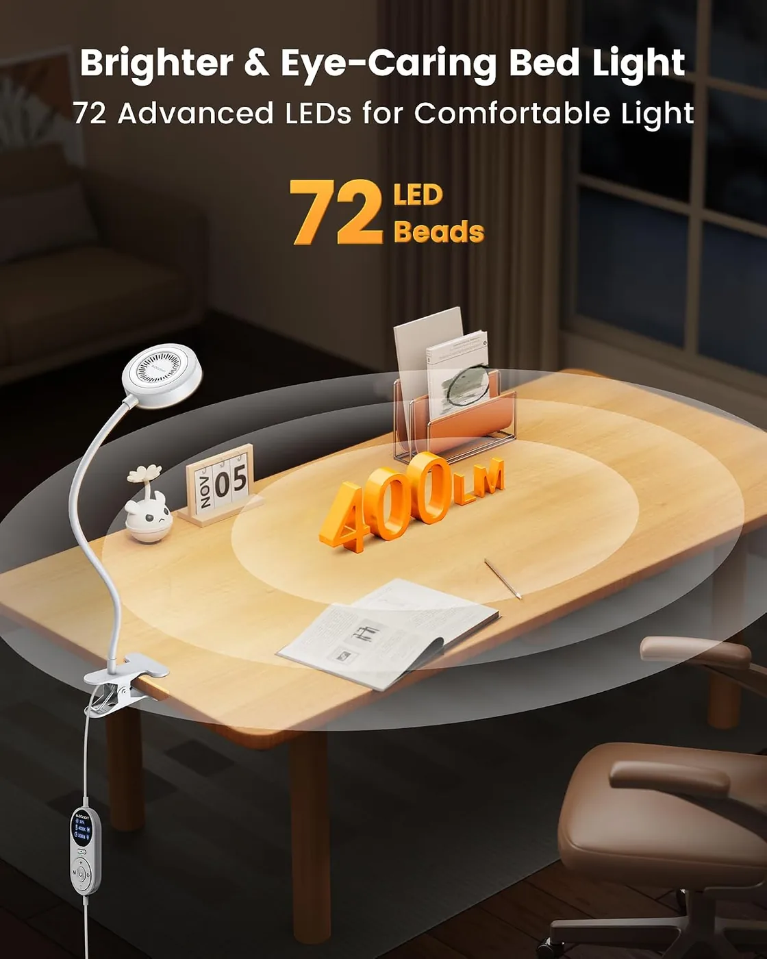 Leselampe Bett – 72 LED Klemmlampe mit 3 Farben & 5 Helligkeiten Ansicht