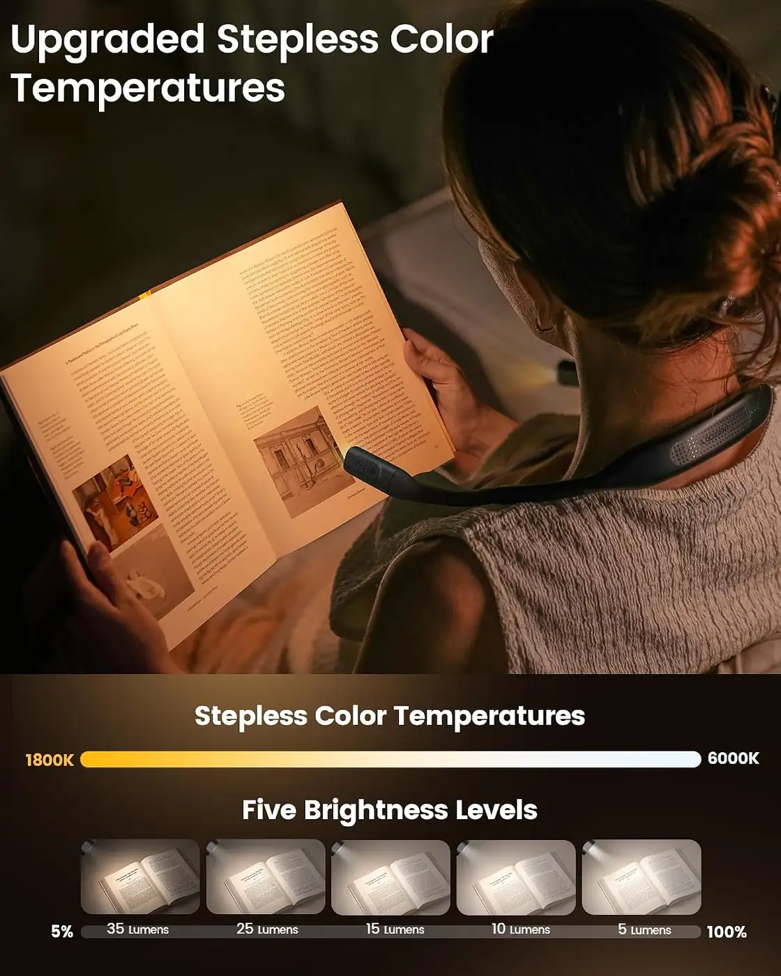 Leselampe Hals mit 3 Farben und 6 Helliggkeitsstufen & Nackenlampe mit 100 Stunden Ansicht