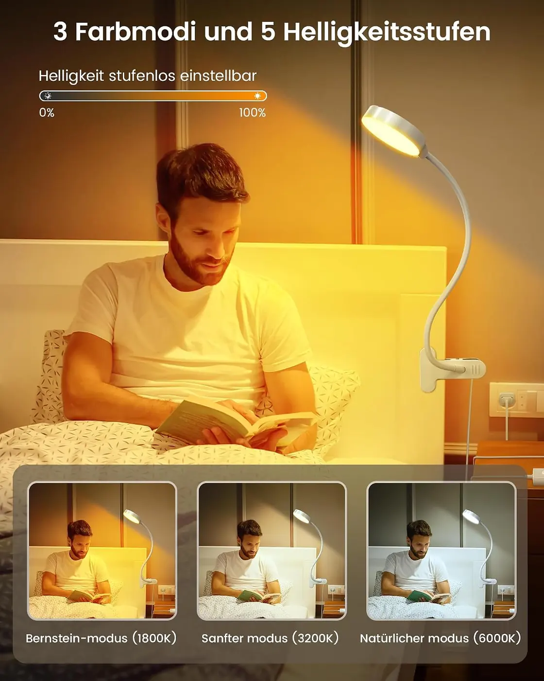 5W Leselampe Bett 36 LED mit USB-Ladegerät Ansicht