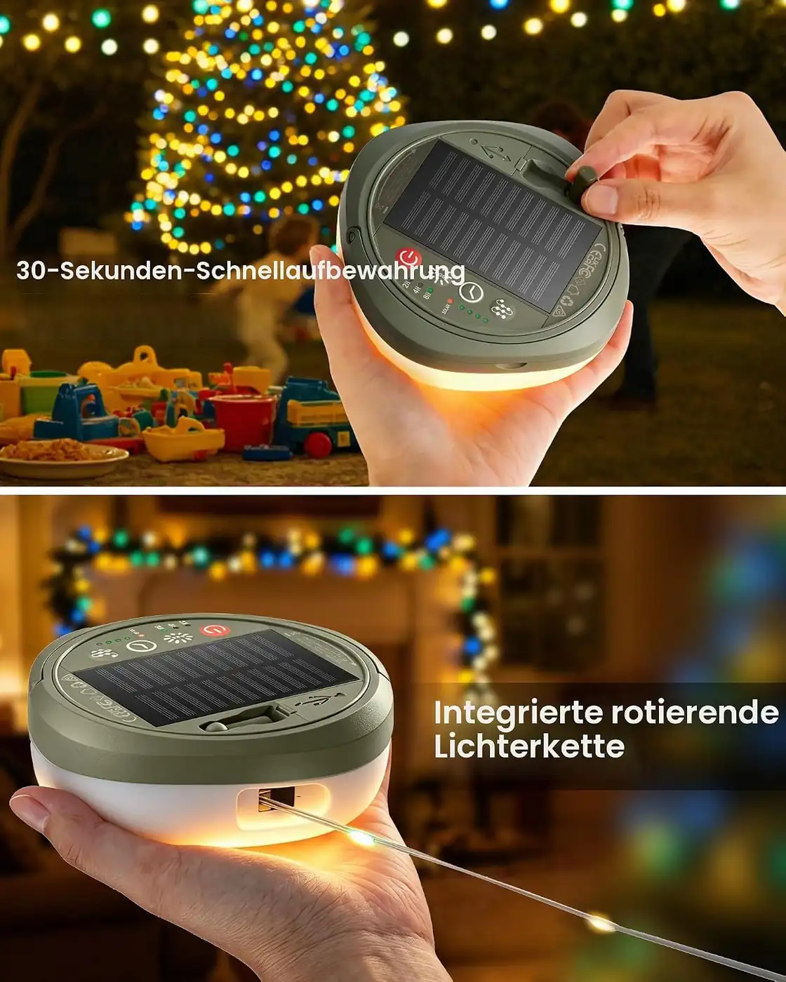 Campinglampe Aufladbar mit 10m Camping Lichterkette Aufrollbar Ansicht
