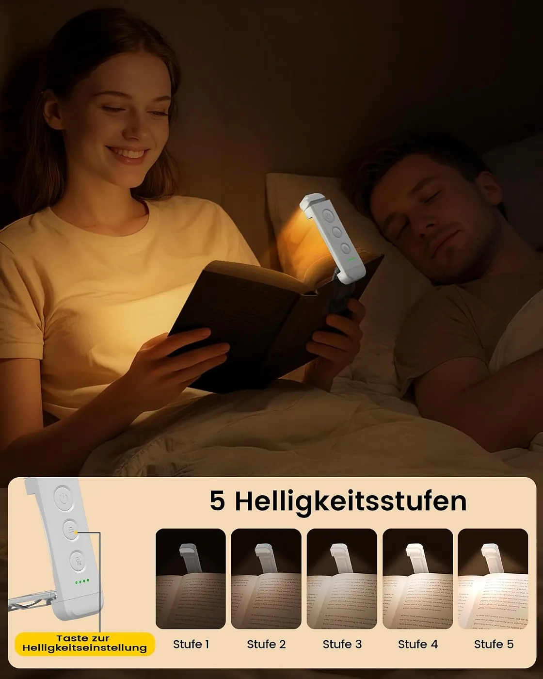 Leselampe Buch Klemme mit 3 Farben & 5 Helligkeiten 80 Stunden Dauer & 10 LEDs Buchlampe mit 3 Farbe Ansicht
