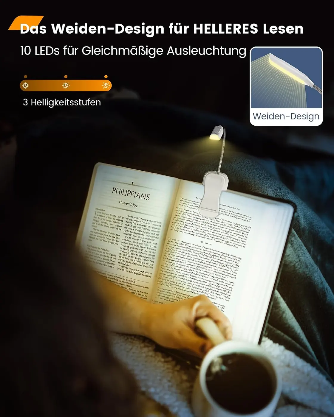10 LEDs Buchlampe 3 Farben und 3 Helligkeiten & 26 LEDs Leselampe Buch Klemme mit 5 Farbtemperatur & Ansicht