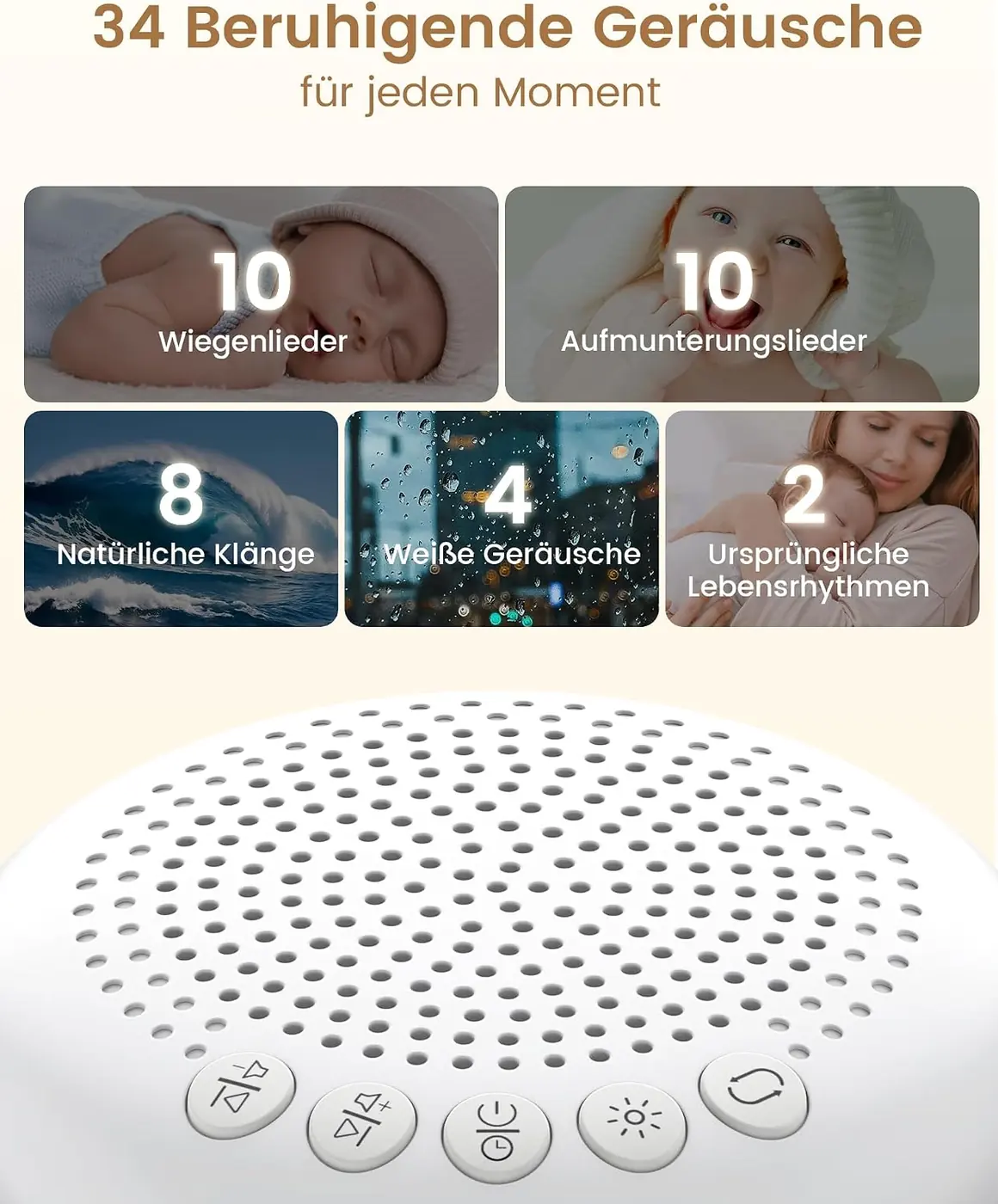 White Noise Machine Baby mit Nachtlicht Dimmbar – 34 Klänge Weißes Rauschen Baby Tragbar Ansicht