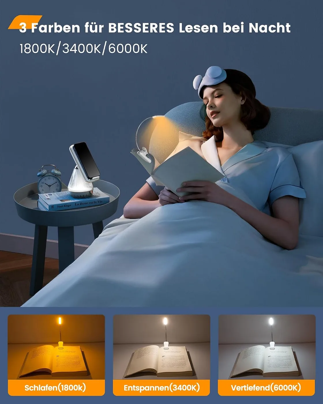 10 LEDs Buchlampe 3 Farben und 3 Helligkeiten & 26 LEDs Leselampe Buch Klemme mit 5 Farbtemperatur & Ansicht