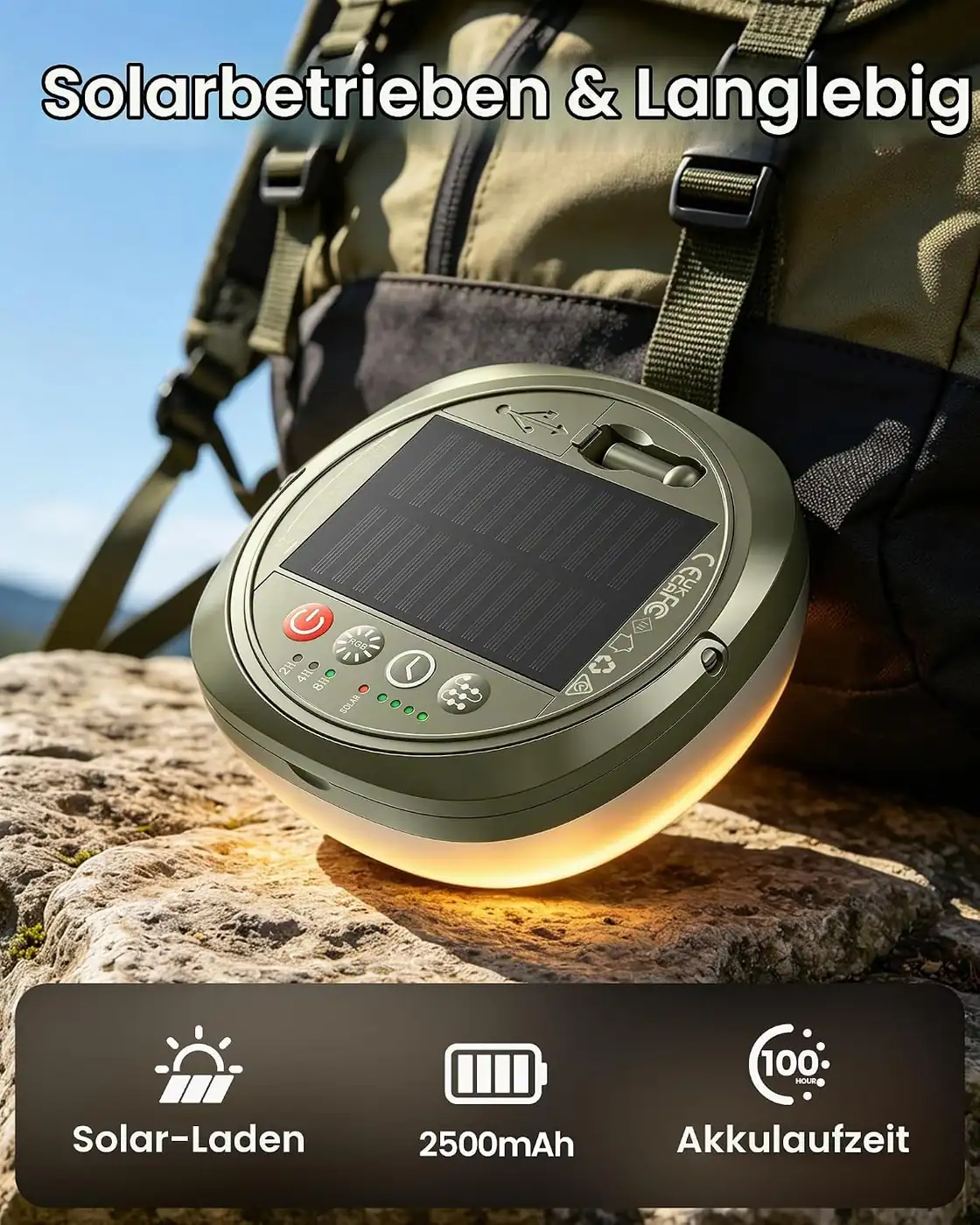 Campinglampe Aufladbar mit 10m Camping Lichterkette Aufrollbar Ansicht