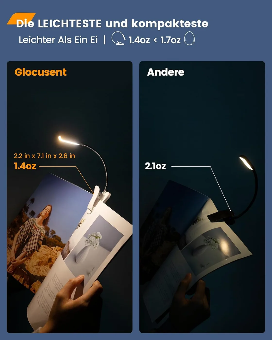10 LEDs Buchlampe 3 Farben und 3 Helligkeiten & 26 LEDs Leselampe Buch Klemme mit 5 Farbtemperatur & Ansicht