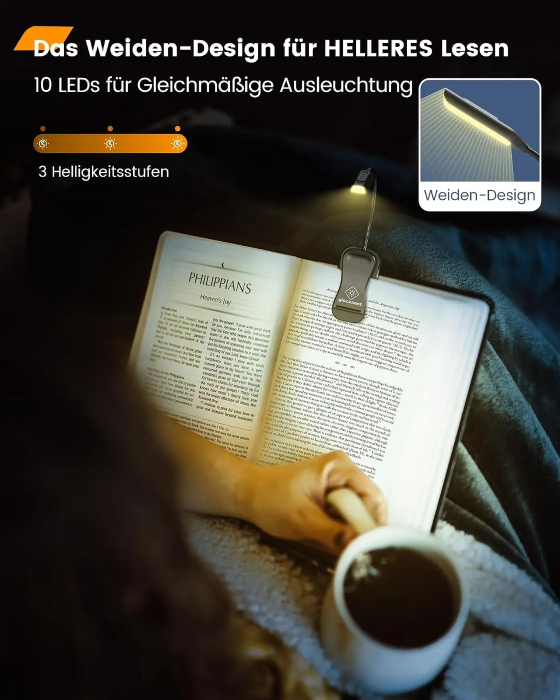 Leselampe Buch Klemme – Wiederaufladbare Buchlampe mit 10 LEDs Ansicht
