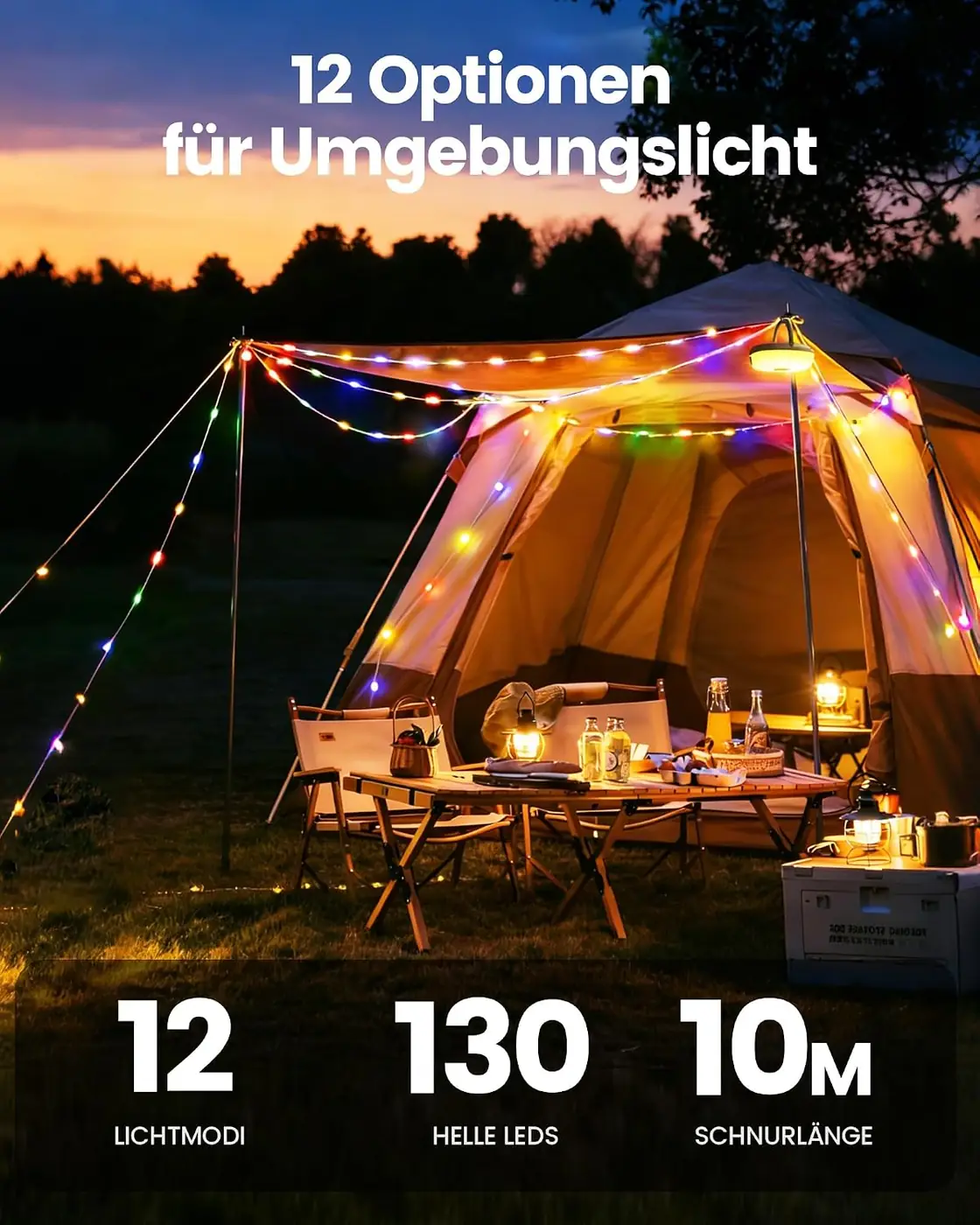 Camping Lichterkette Aufrollbar 10M 130 LED Ansicht