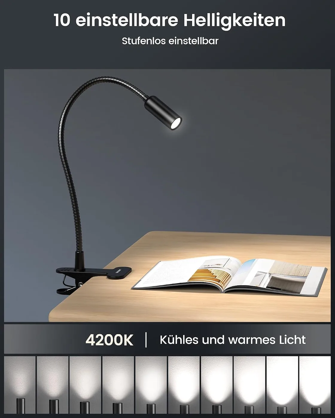 Klemmlampe – 10 Helligkeitsstufen (20-180 LM) Ansicht