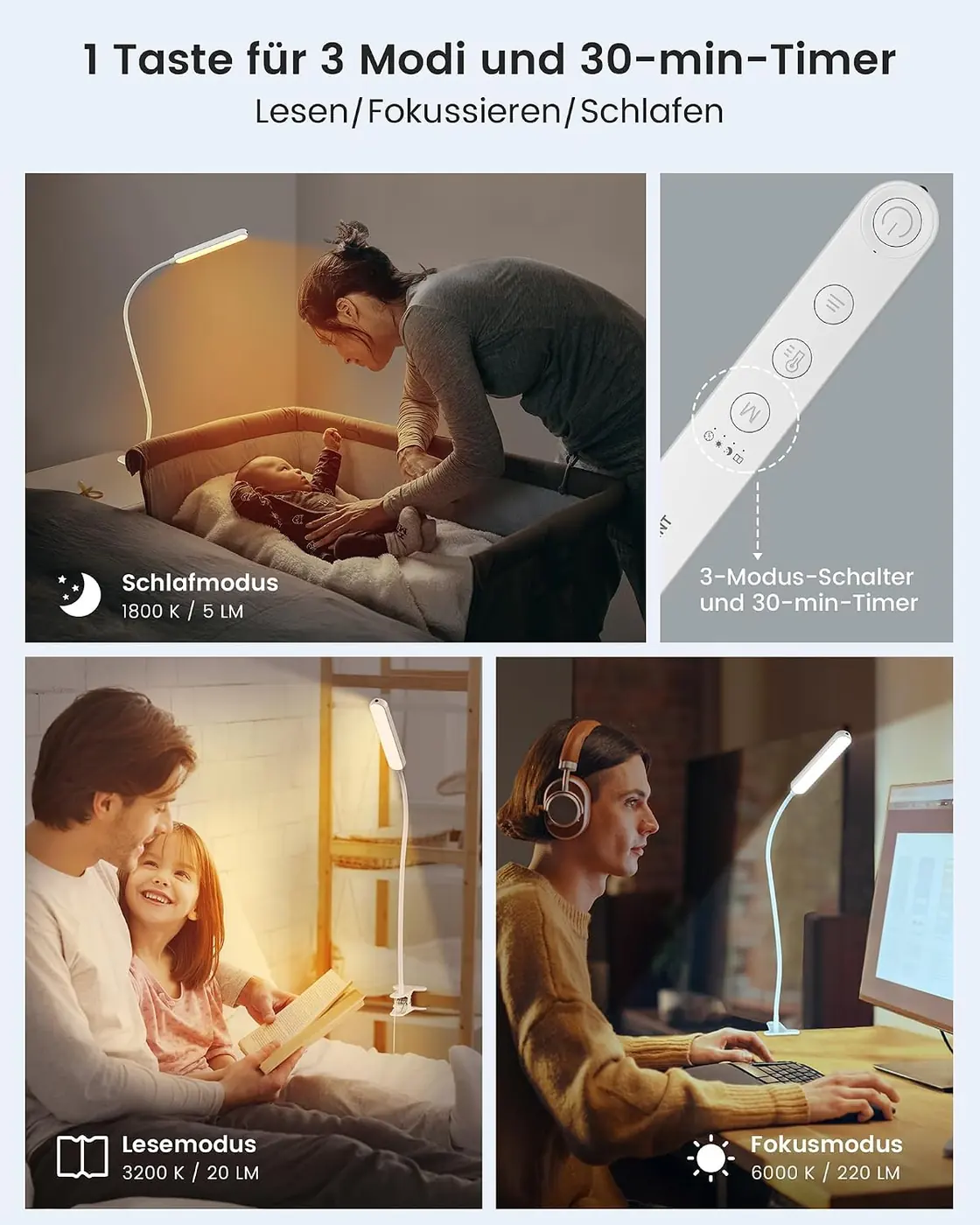 38 LED Klemmleuchte – Augenschonende Klemmbar Schreibtischlampe Kinder Ansicht