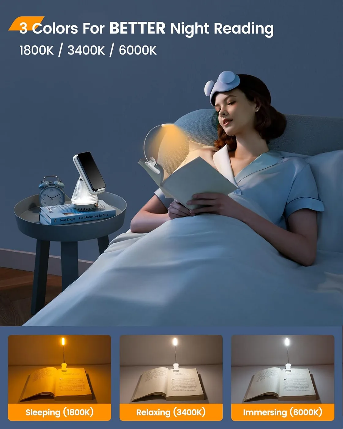 10 LEDs Leselampe Buch Klemme mit 3 Farben und 3 Helligkeiten & 20 LEDs Buchlampe 5 Farbtemperatur M Ansicht