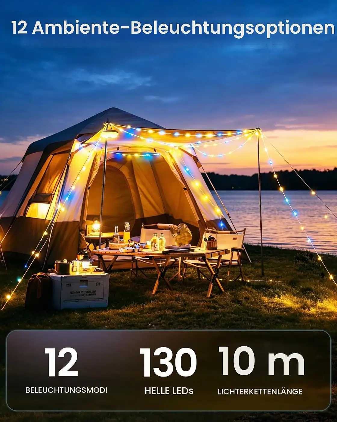 Campinglampe Aufladbar mit 10m Camping Lichterkette Aufrollbar Ansicht