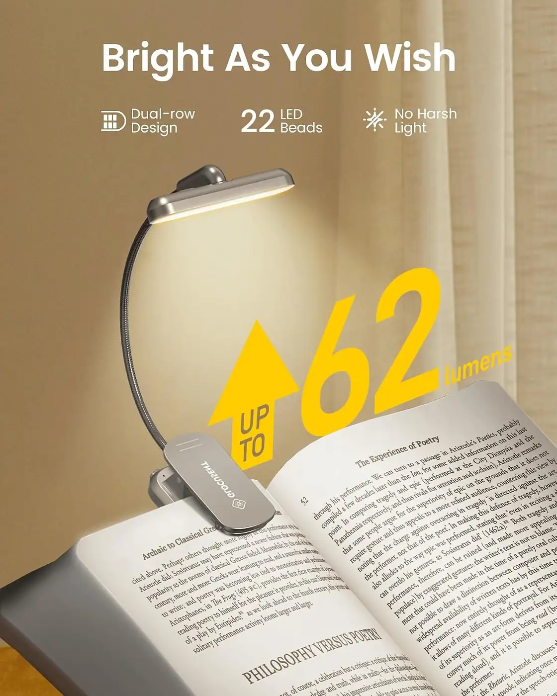 Drehbare Leselampe Buch Klemme – 22 LEDs Zweireihig mit Timer Ansicht