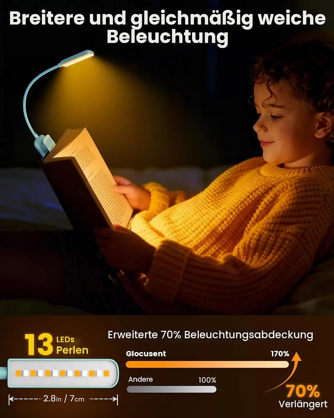 Leselampe Buch Klemme mit 13 LEDs – 70g Leselicht Ansicht