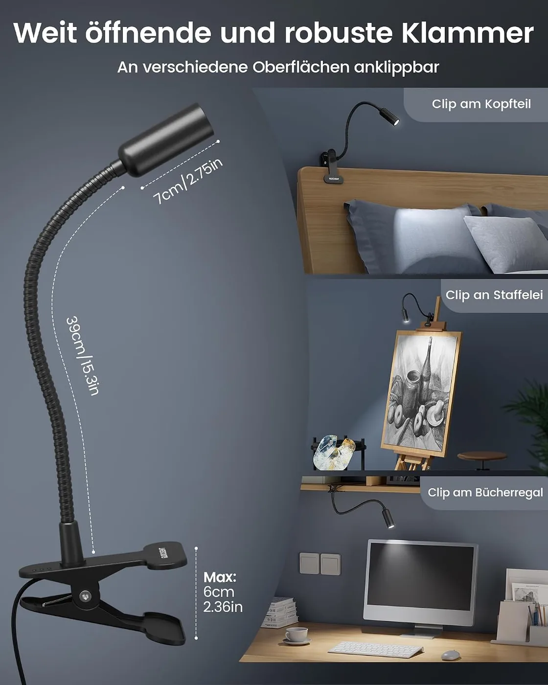 Klemmlampe – 10 Helligkeitsstufen (20-180 LM) Ansicht