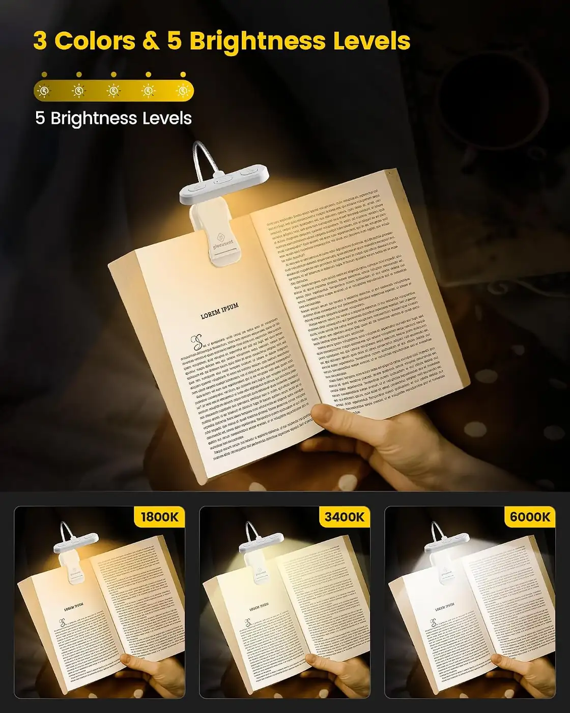 Leselampe Buch Klemme – Buchlampe mit 5 Helligkeit & 3 Farbtemperatur Ansicht